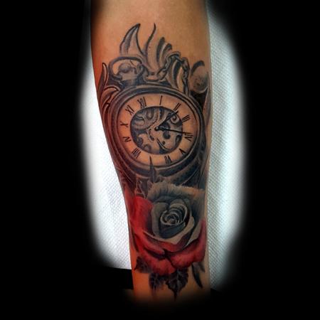 Tattoos - Clock with Red and Grey Rose - 133428